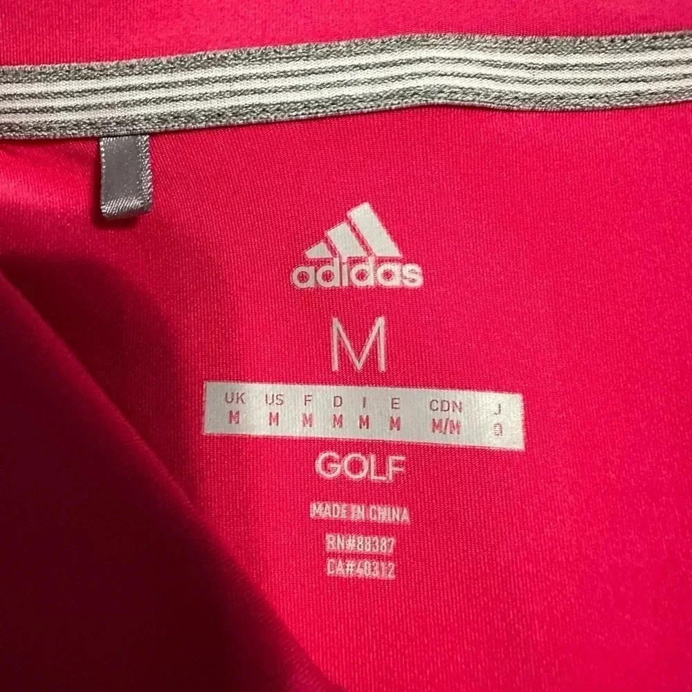 Adidas Golf Polo Men’s Size Medium Pink Blue Striped - Picture 2 of 5